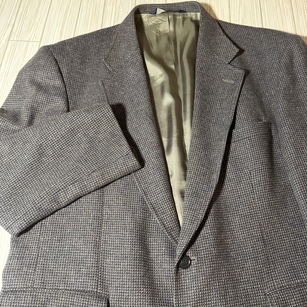 Vtg Lands’ End Men’s 44R Wool Sport Coat Blazer Blue Houndstooth USA Made